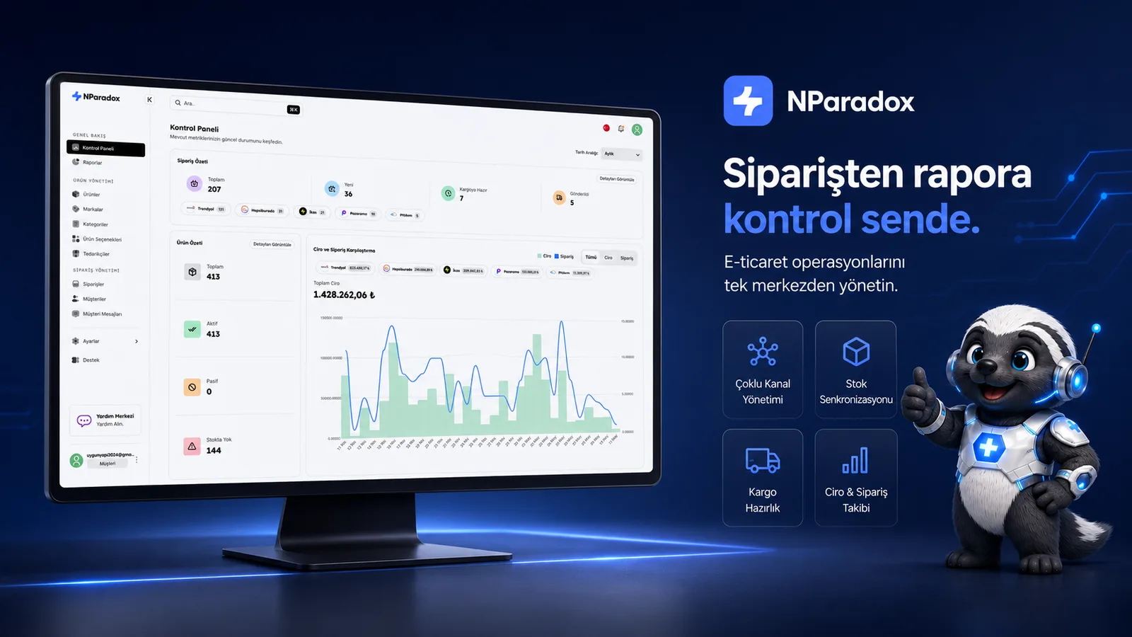 NParadox panelinde Trendyol siparişlerinin diğer kanallarla birlikte tek ekrandan yönetimi