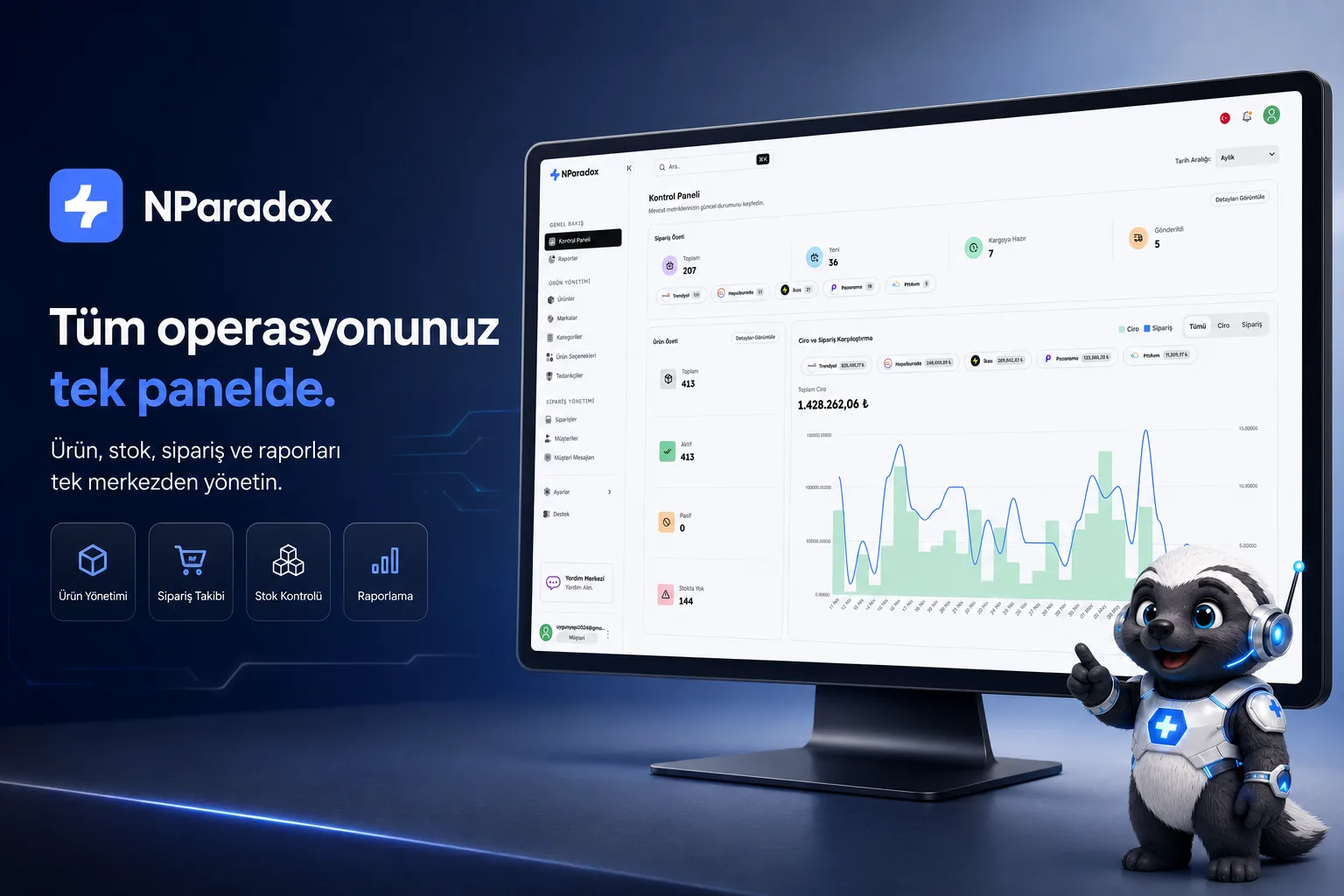 NParadox panelinde N11 ve diğer kanalların ürün, stok, sipariş ve ciro yönetimi