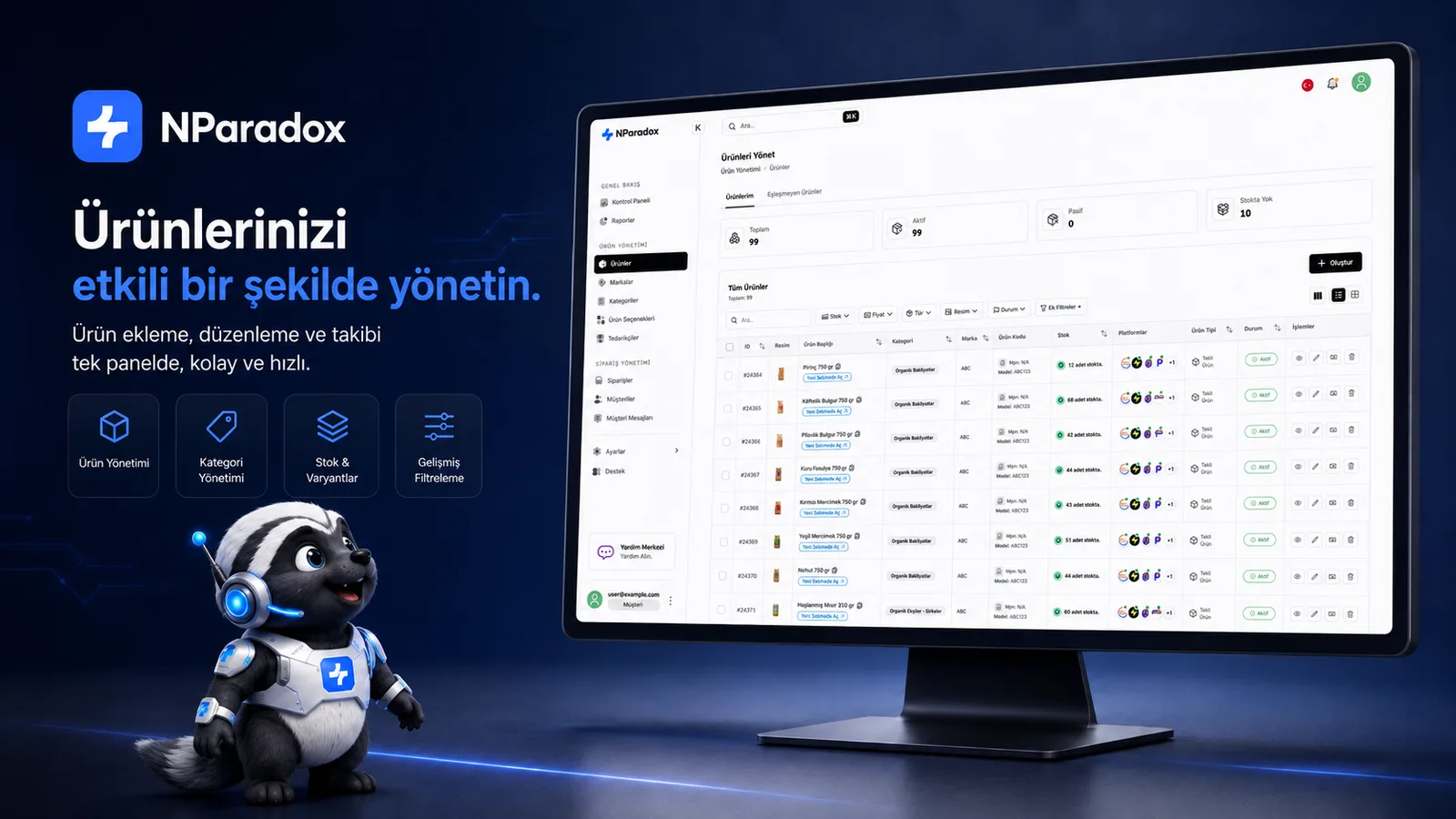 NParadox ürün yönetimi ekranı: ürün, kategori, stok ve varyantların platform bazlı yönetimi