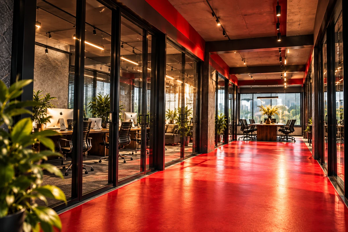 Cam bölmeli ofis ve kırmızı geçiş alanı